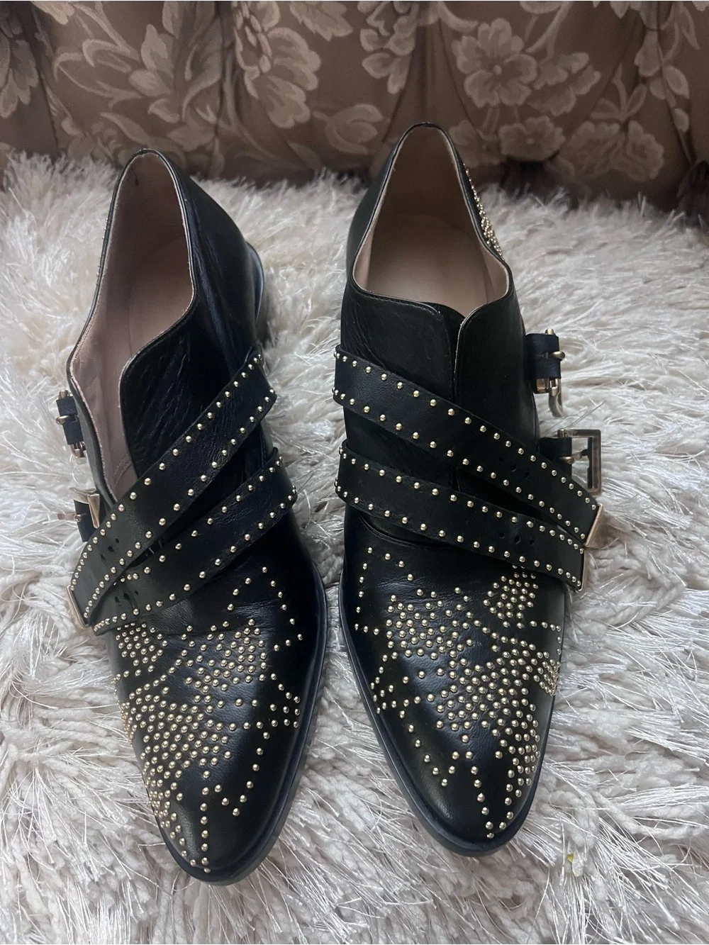 Chloe Black Leather Pointed Loafers with Gold Stud Detailing